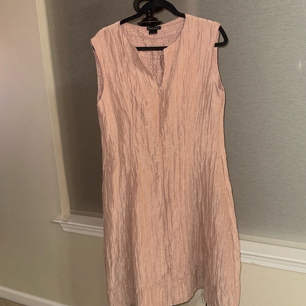Grizas Sleeveless Mauve Rose Crinkle Silk Linen Textured Dress - L